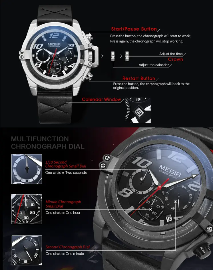 MEGIR Fashion Mens Watch Top Brand Luxury Sports Watches Waterproof Quartz Clock Leather Military Wrist Watch Relogio Masculino