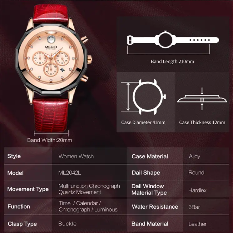 MEGIR Luxury Brand Women Bracelet Watches Ladies Fashion Quartz Sport Wristwatch Leather Dress Clock Chronograph Reloj Hombre