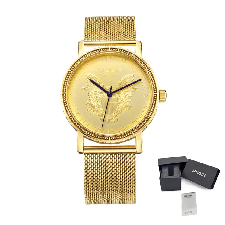 MEGIR Luxury Business Watches for Men Gold Steel Mesh Strap Men Quartz Watches Waterproof Wrist Watch Clock Reloj Hombre 2032