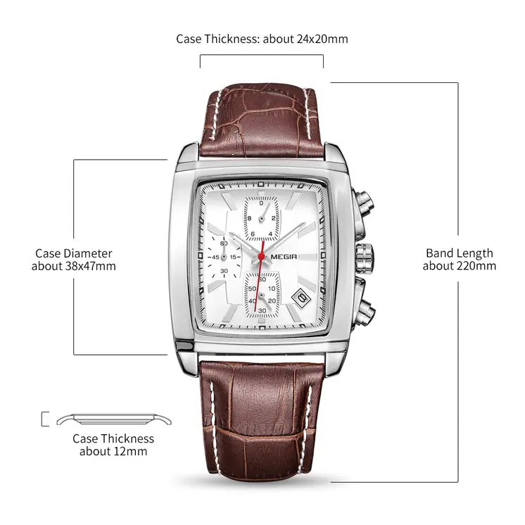 MEGIR Watch Men Business Wristwatch Rectangle Quartz Military Watches Waterproof Luminous Leather Casual Moda Clock Reloj Hombre