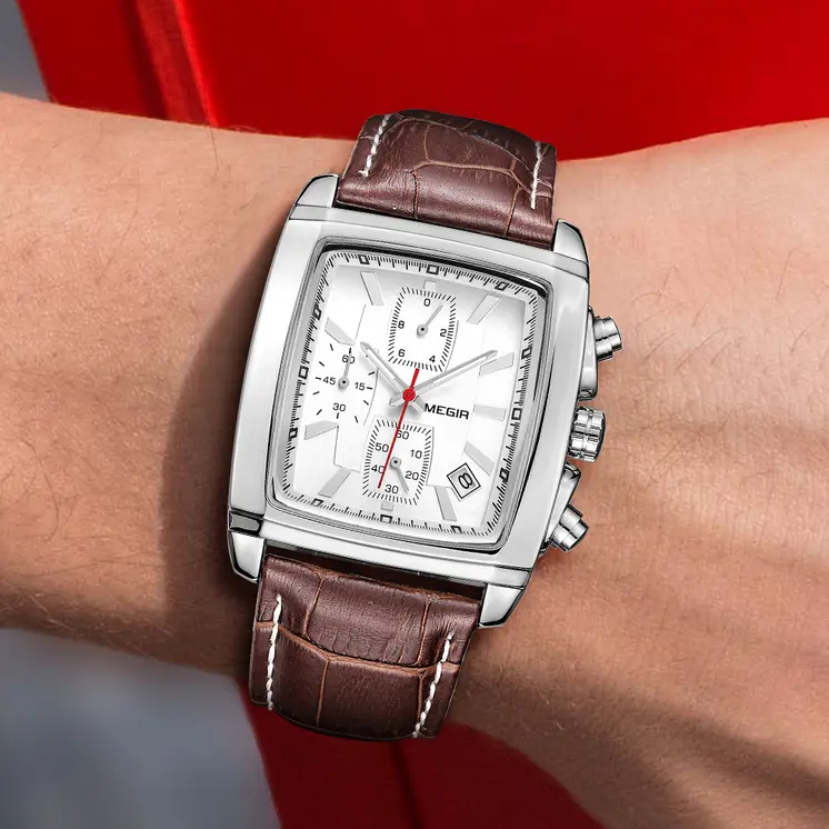 MEGIR Watch Men Business Wristwatch Rectangle Quartz Military Watches Waterproof Luminous Leather Casual Moda Clock Reloj Hombre