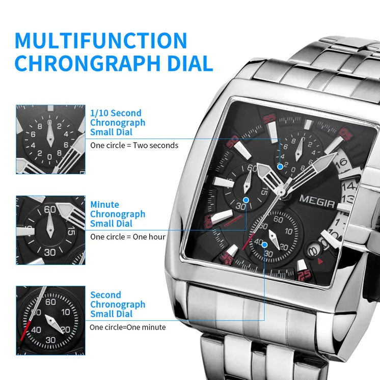 MEGIR Original Luxury Men Watch Stainless Steel Mens Quartz Wrist Watches Business Big Dial Wristwatches Relogio Masculino 2018