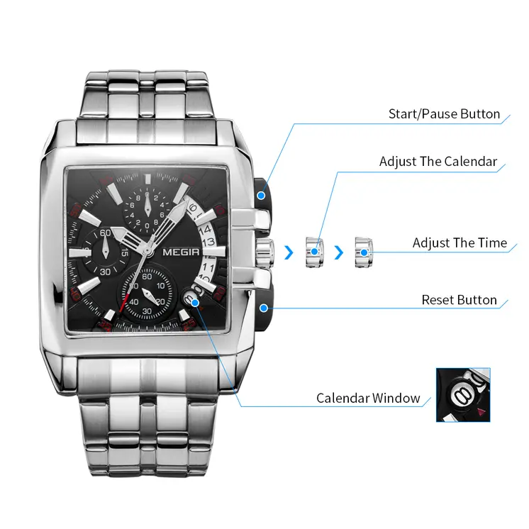 MEGIR Original Luxury Men Watch Stainless Steel Mens Quartz Wrist Watches Business Big Dial Wristwatches Relogio Masculino 2018