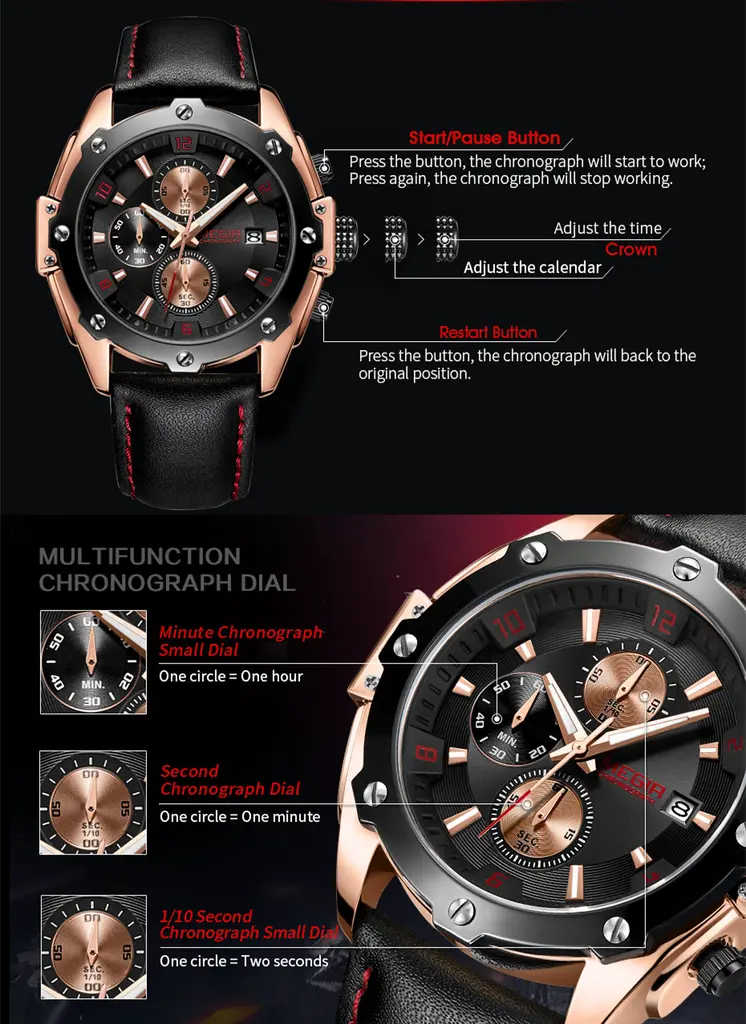 MEGIR Black Mens Watches Top Brand Luxury Chronograph Sports Quartz Wrist Watch Man Clock Waterproof Army Military Wristwatches