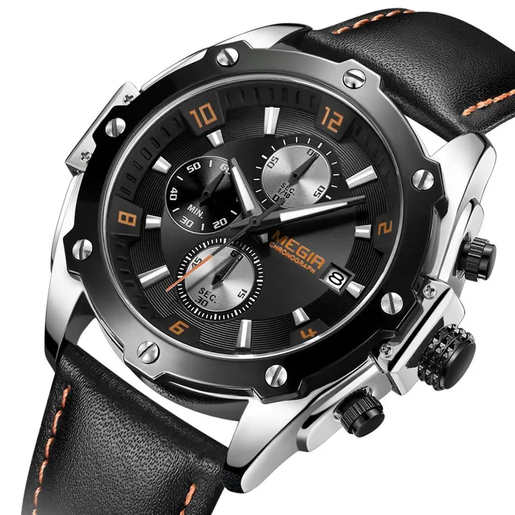 MEGIR Black Mens Watches Top Brand Luxury Chronograph Sports Quartz Wrist Watch Man Clock Waterproof Army Military Wristwatches