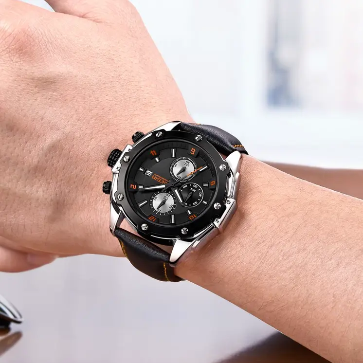MEGIR Black Mens Watches Top Brand Luxury Chronograph Sports Quartz Wrist Watch Man Clock Waterproof Army Military Wristwatches
