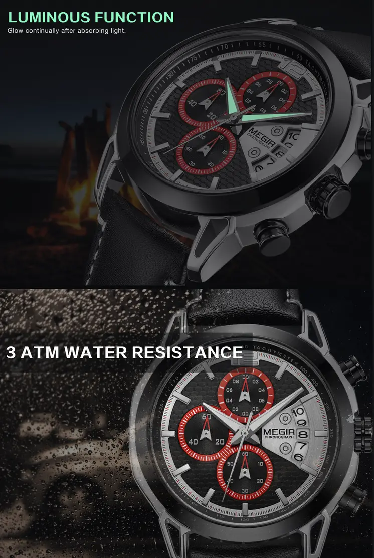 MEGIR Fashion Mens Military Sports Watches Luxury Leather Quartz Business Watch Chronograph Waterproof Luminous Date Wristwatch