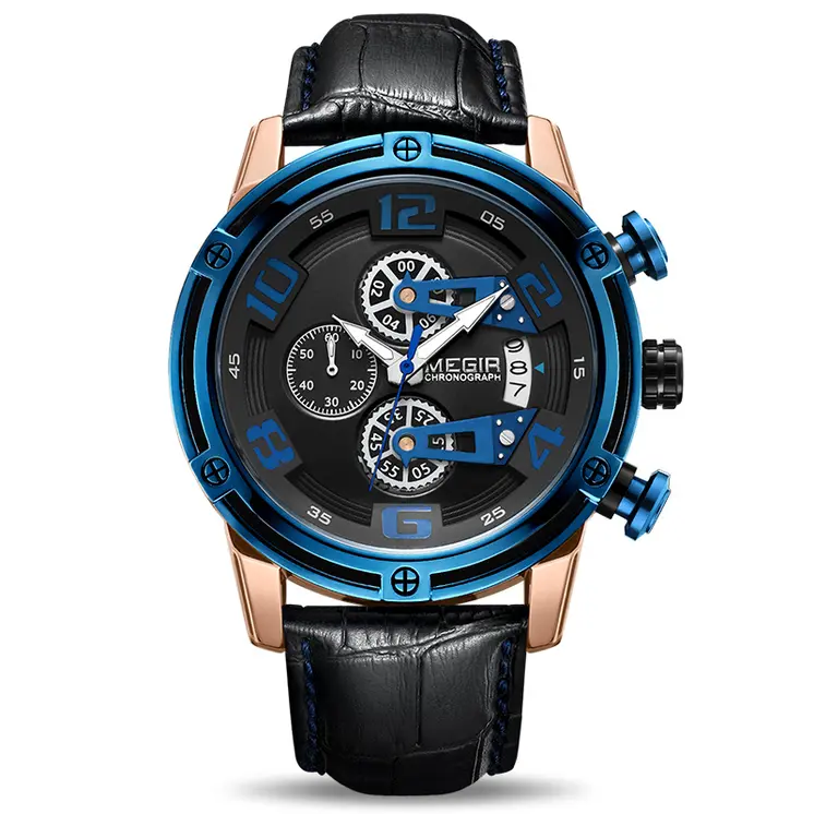 MEGIR Fashion Mens Watches Luxury Sports Watches Leather Strap Army Military Quartz Wristwatch Chronograph Male Clock 2078