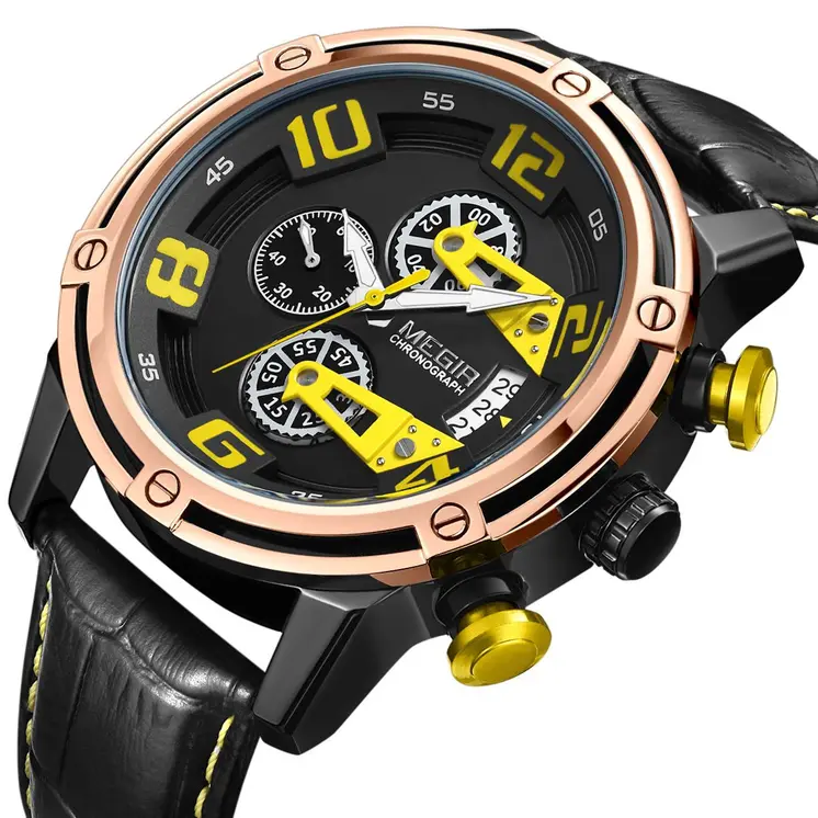 MEGIR Fashion Mens Watches Luxury Sports Watches Leather Strap Army Military Quartz Wristwatch Chronograph Male Clock 2078