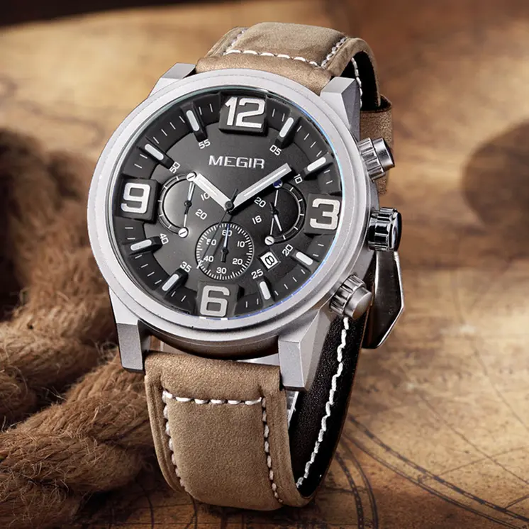 MEGIR Luxury Men's Watch Fashion Simple Casual Sports Watches for Mens Leather Strap Waterproof Quartz Chronograph Clock 3010