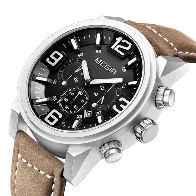 MEGIR Luxury Men's Watch Fashion Simple Casual Sports Watches for Mens Leather Strap Waterproof Quartz Chronograph Clock 3010