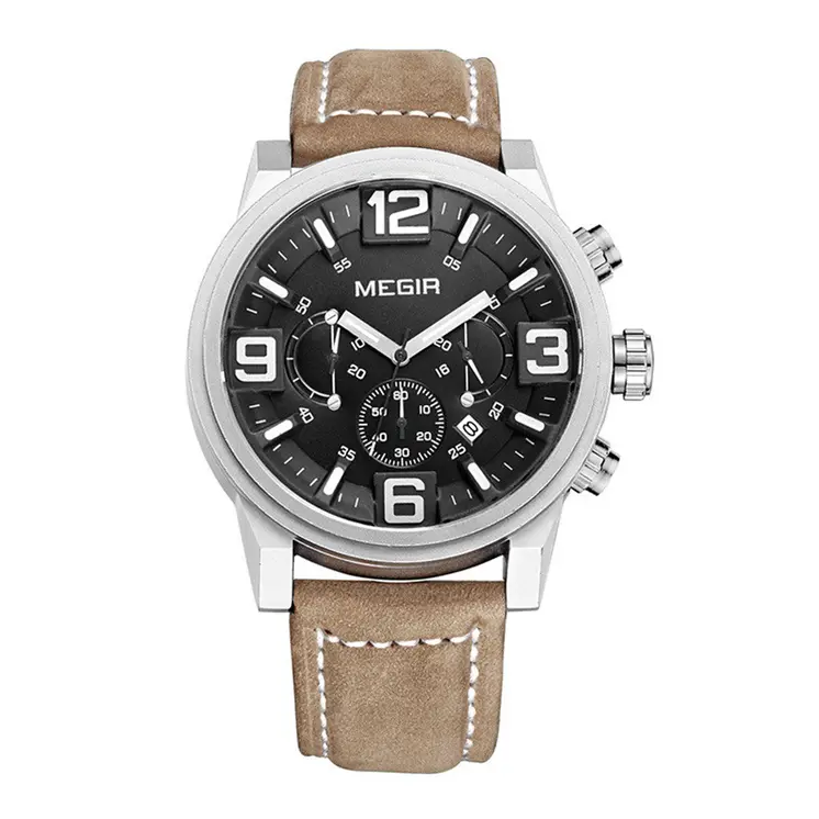MEGIR Luxury Men's Watch Fashion Simple Casual Sports Watches for Mens Leather Strap Waterproof Quartz Chronograph Clock 3010