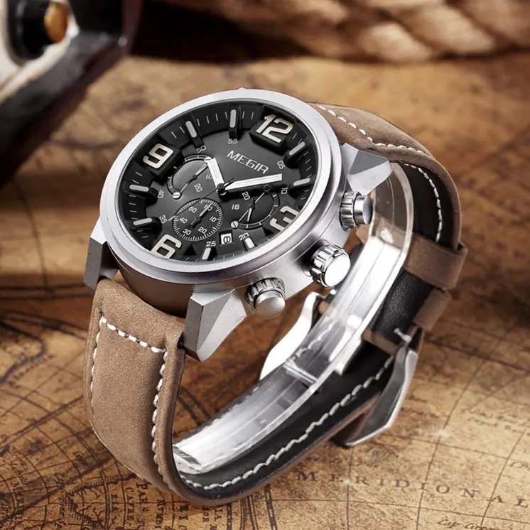 MEGIR Luxury Men's Watch Fashion Simple Casual Sports Watches for Mens Leather Strap Waterproof Quartz Chronograph Clock 3010