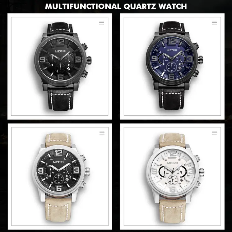 MEGIR Luxury Men's Watch Fashion Simple Casual Sports Watches for Mens Leather Strap Waterproof Quartz Chronograph Clock 3010