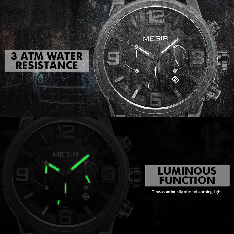 MEGIR Luxury Men's Watch Fashion Simple Casual Sports Watches for Mens Leather Strap Waterproof Quartz Chronograph Clock 3010