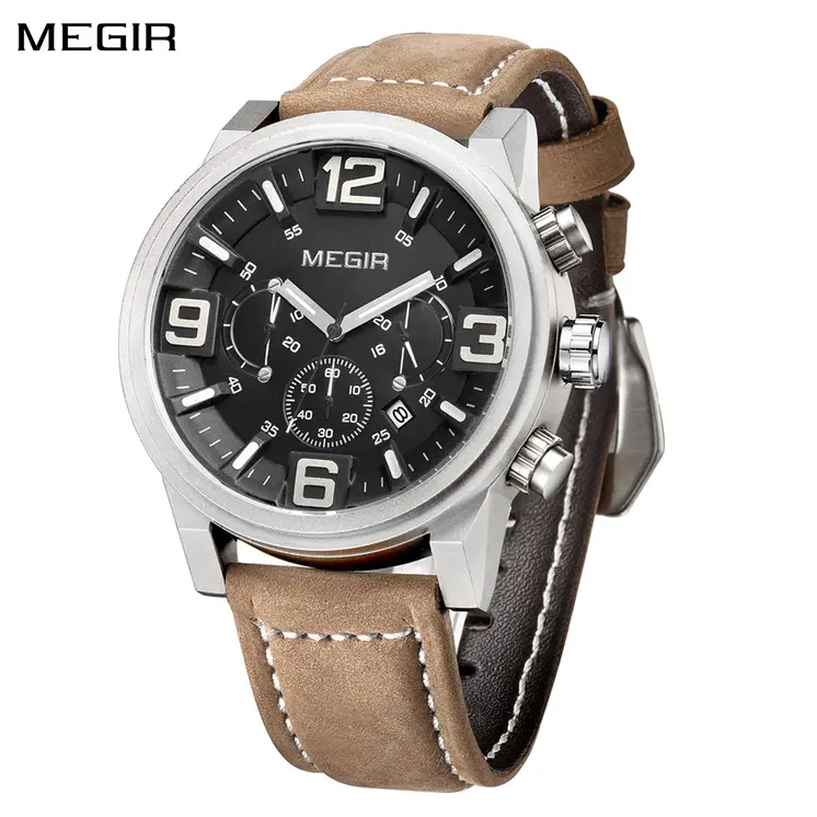 MEGIR Luxury Men's Watch Fashion Simple Casual Sports Watches for Mens Leather Strap Waterproof Quartz Chronograph Clock 3010