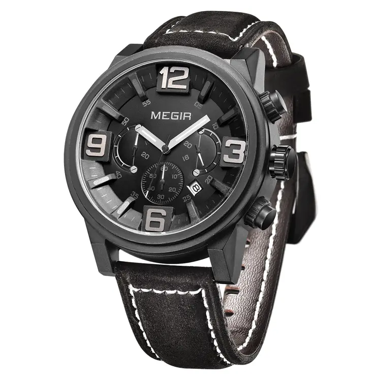 MEGIR Luxury Men's Watch Fashion Simple Casual Sports Watches for Mens Leather Strap Waterproof Quartz Chronograph Clock 3010
