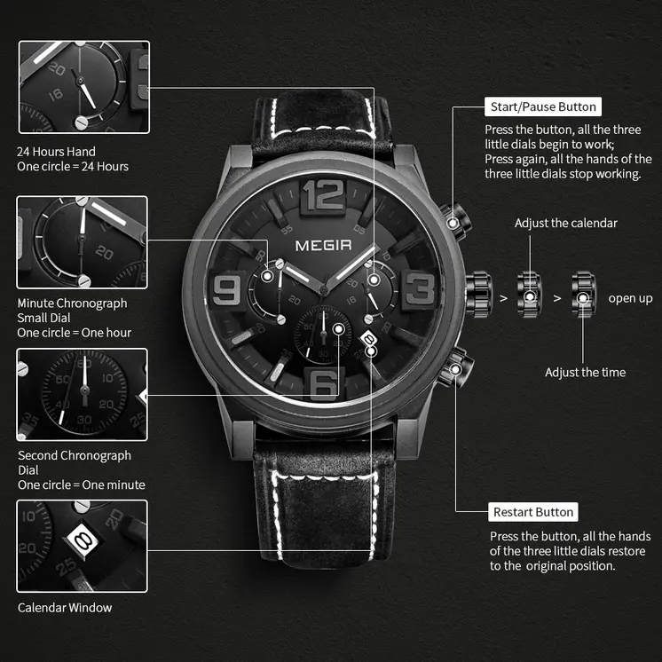 MEGIR Luxury Men's Watch Fashion Simple Casual Sports Watches for Mens Leather Strap Waterproof Quartz Chronograph Clock 3010