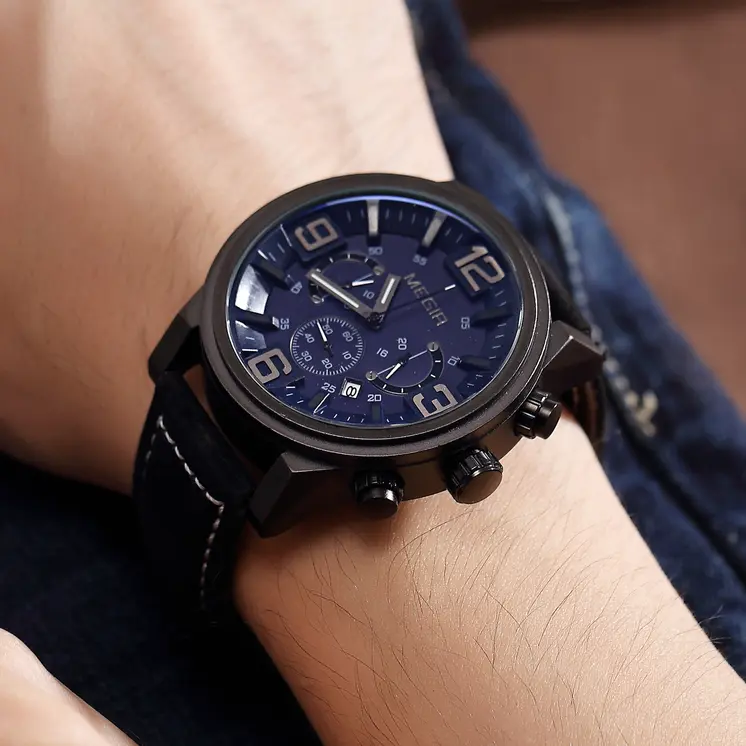 MEGIR Luxury Men's Watch Fashion Simple Casual Sports Watches for Mens Leather Strap Waterproof Quartz Chronograph Clock 3010