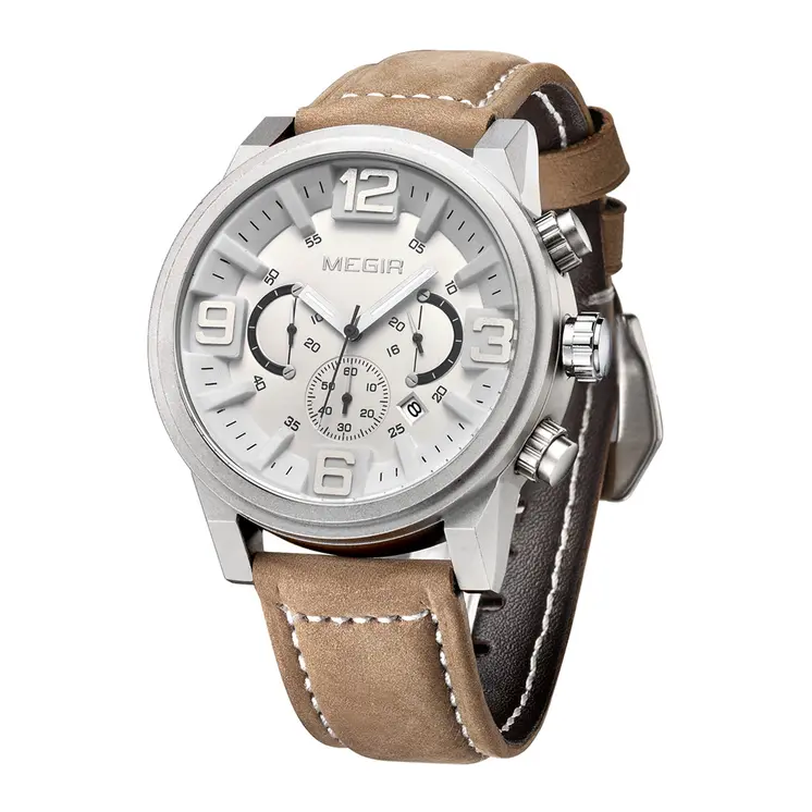 MEGIR Luxury Men's Watch Fashion Simple Casual Sports Watches for Mens Leather Strap Waterproof Quartz Chronograph Clock 3010