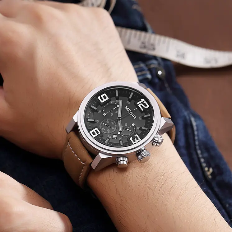 MEGIR Luxury Men's Watch Fashion Simple Casual Sports Watches for Mens Leather Strap Waterproof Quartz Chronograph Clock 3010
