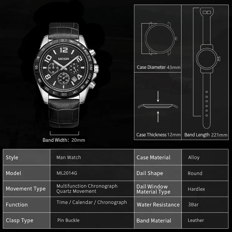 MEGIR Men Watch Top Brand Luxury Quartz Watches Waterproof Calendar Sport Wristwatch Leather Man Clock Chronograph Reloj Hombre 2014