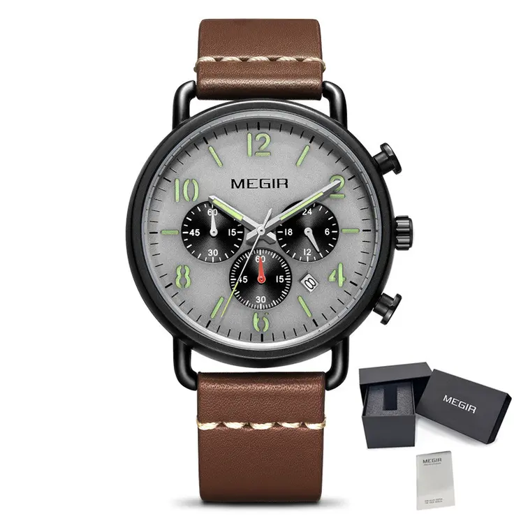 MEGIR Fashion Mens Watches Luxury Sport Quartz Wrist Watch Steel Mesh Business Casual Watches Calendar Leather Band Man Clock
