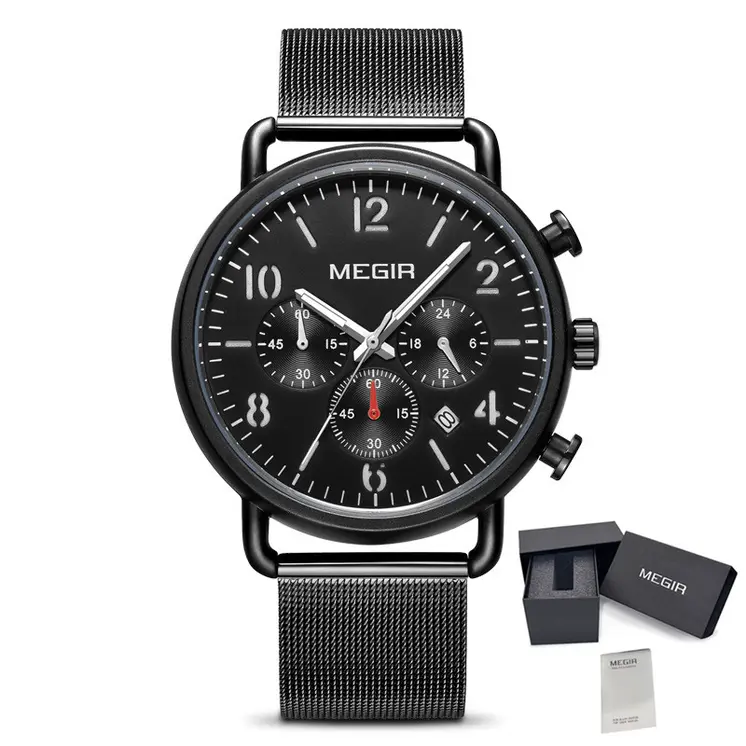 MEGIR Fashion Mens Watches Luxury Sport Quartz Wrist Watch Steel Mesh Business Casual Watches Calendar Leather Band Man Clock