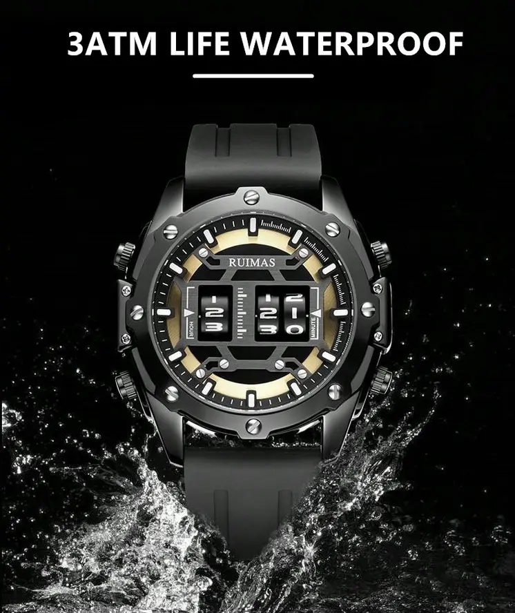 RUIMAS Mens Watches Roller Pointer Sports Quartz WristWatch Fashion  Luxury Silicone Strap Waterproof Relogio Masculino