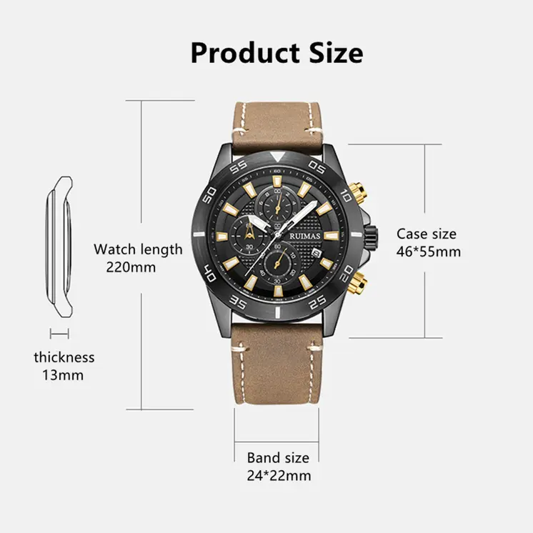 RUIMAS Luxury Brand Mens Watches Quartz Leather Strap Wristwatch Waterproof Clock Sports Large Dial Watch Auto Date Montre Homme