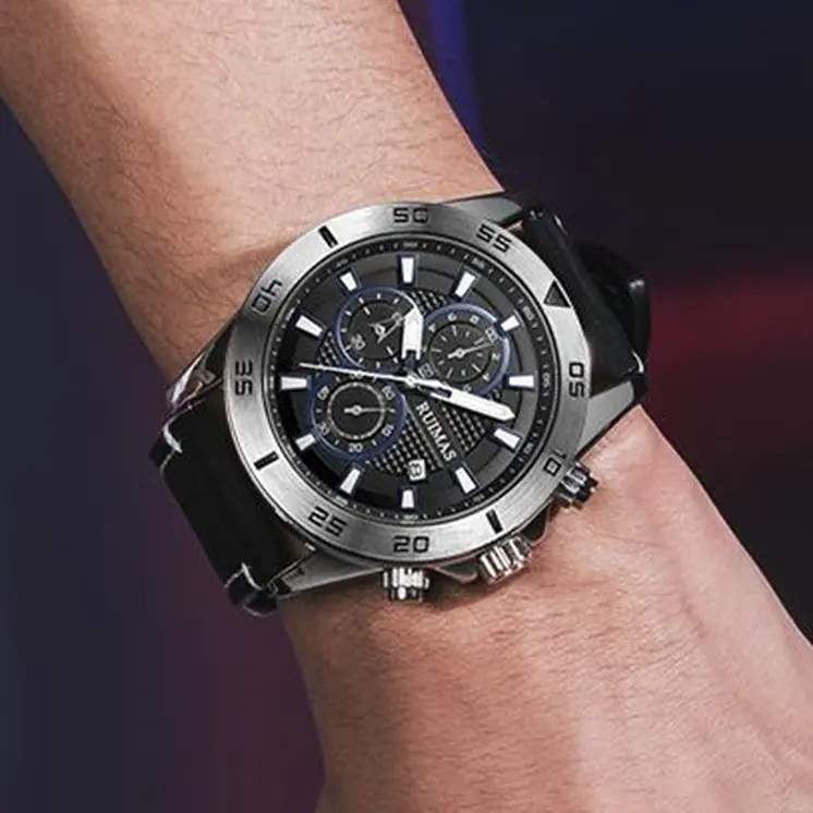 RUIMAS Luxury Brand Mens Watches Quartz Leather Strap Wristwatch Waterproof Clock Sports Large Dial Watch Auto Date Montre Homme