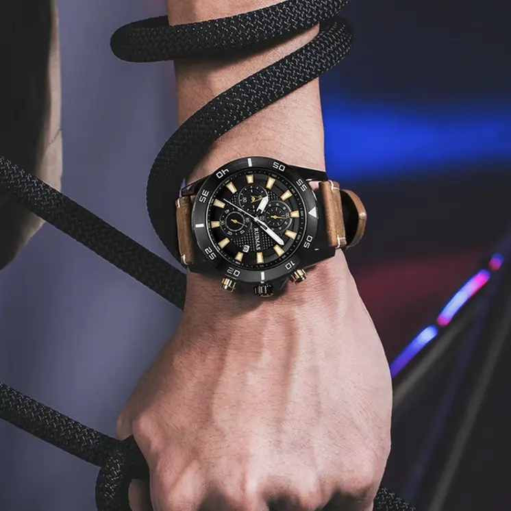 RUIMAS Luxury Brand Mens Watches Quartz Leather Strap Wristwatch Waterproof Clock Sports Large Dial Watch Auto Date Montre Homme