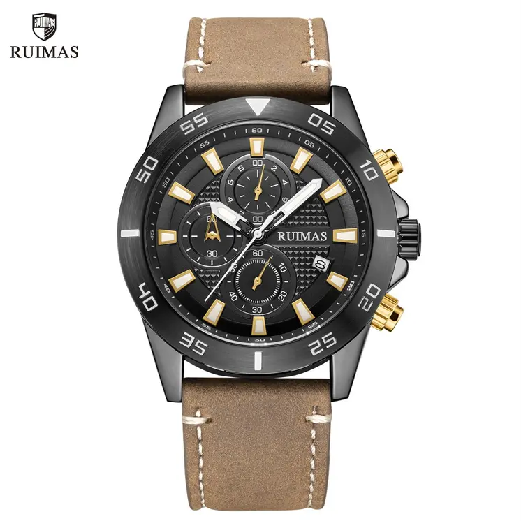 RUIMAS Luxury Brand Mens Watches Quartz Leather Strap Wristwatch Waterproof Clock Sports Large Dial Watch Auto Date Montre Homme