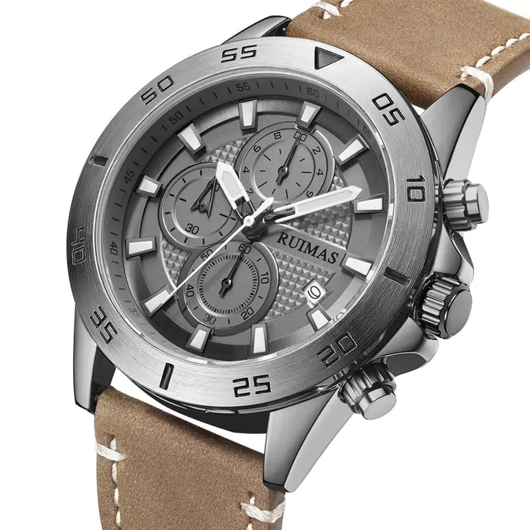 RUIMAS Luxury Brand Mens Watches Quartz Leather Strap Wristwatch Waterproof Clock Sports Large Dial Watch Auto Date Montre Homme