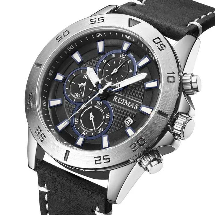 RUIMAS Luxury Brand Mens Watches Quartz Leather Strap Wristwatch Waterproof Clock Sports Large Dial Watch Auto Date Montre Homme