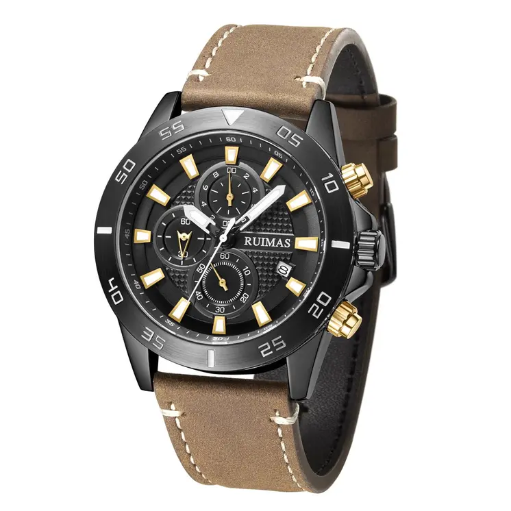 RUIMAS Luxury Brand Mens Watches Quartz Leather Strap Wristwatch Waterproof Clock Sports Large Dial Watch Auto Date Montre Homme