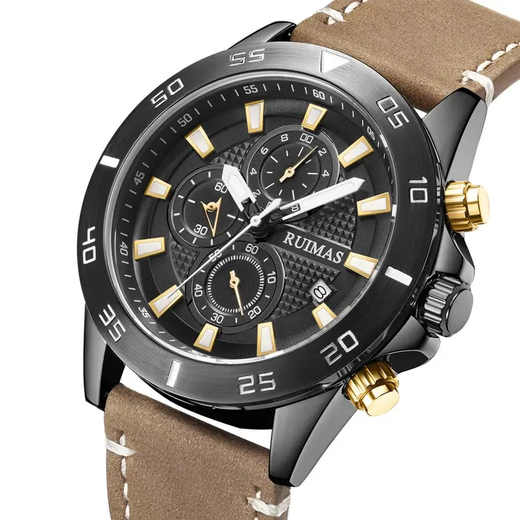 RUIMAS Luxury Brand Mens Watches Quartz Leather Strap Wristwatch Waterproof Clock Sports Large Dial Watch Auto Date Montre Homme