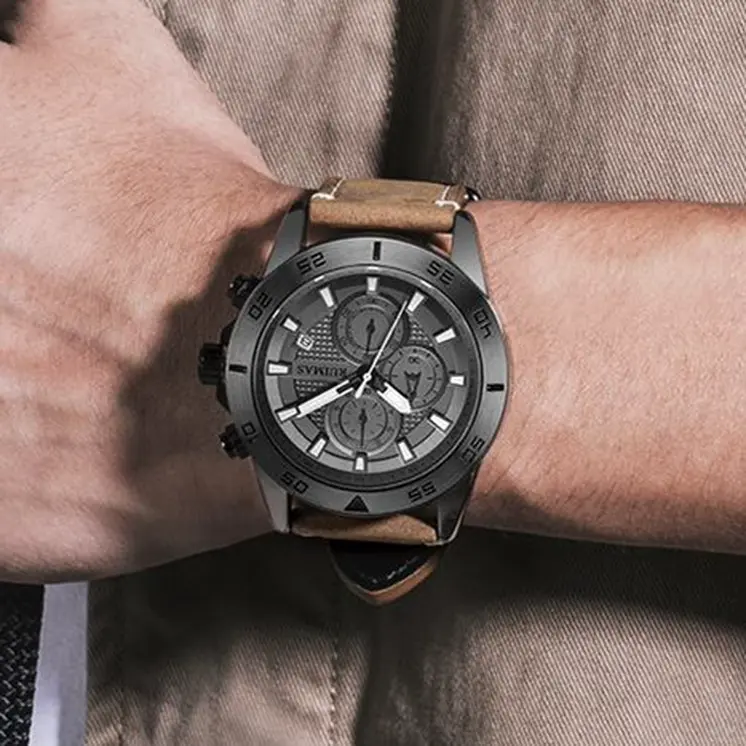 RUIMAS Luxury Brand Mens Watches Quartz Leather Strap Wristwatch Waterproof Clock Sports Large Dial Watch Auto Date Montre Homme