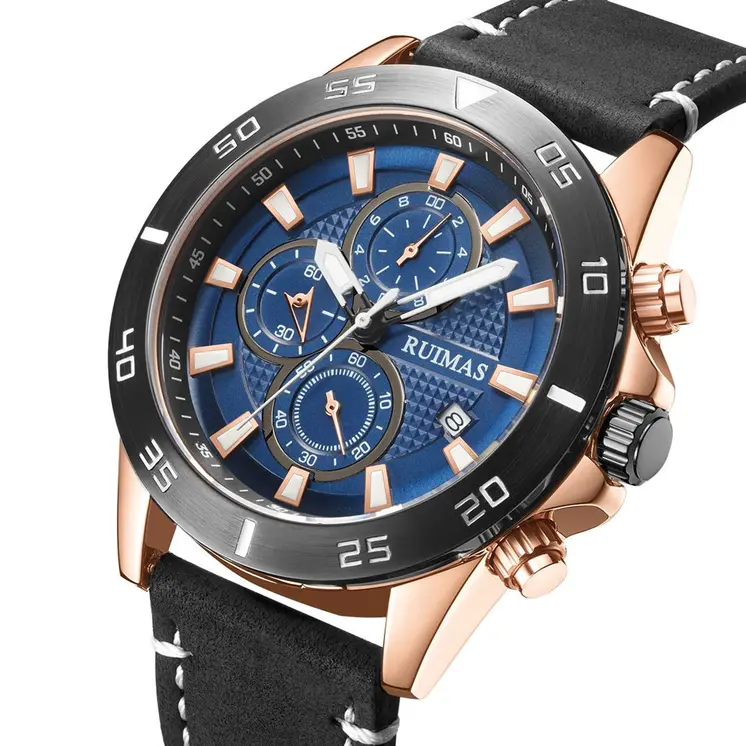 RUIMAS Luxury Brand Mens Watches Quartz Leather Strap Wristwatch Waterproof Clock Sports Large Dial Watch Auto Date Montre Homme