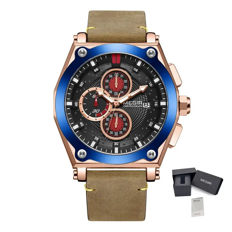 MEGIR Blue Quartz Men Watches Top Brand Leather Strap Chronograph Sport Wrist Watch Men Clock Relogio Masculino Reloj Hombre