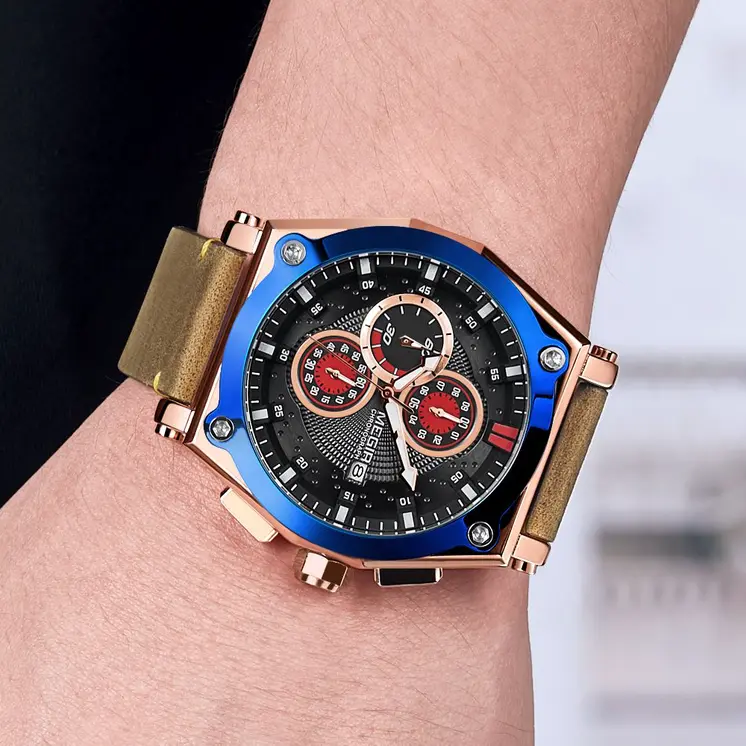 MEGIR Blue Quartz Men Watches Top Brand Leather Strap Chronograph Sport Wrist Watch Men Clock Relogio Masculino Reloj Hombre