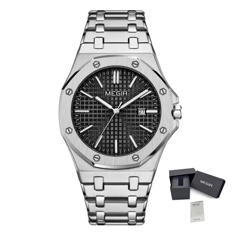 MEGIR Stainless Steel Bracelet Watch for Men Luxury Business Calendar Watches Waterproof Quartz Wristwatch Men Gift Clock 1085