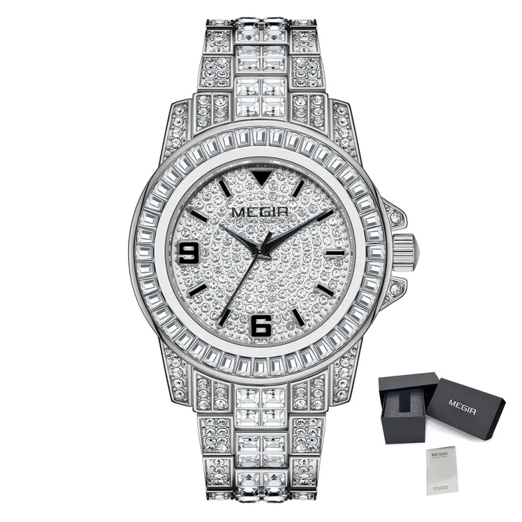 MEGIR Watch for Men Fashion Man Quartz Full Diamond Wristwatch Large Dial Business Watches Clock Gifts Montre Homme 1092