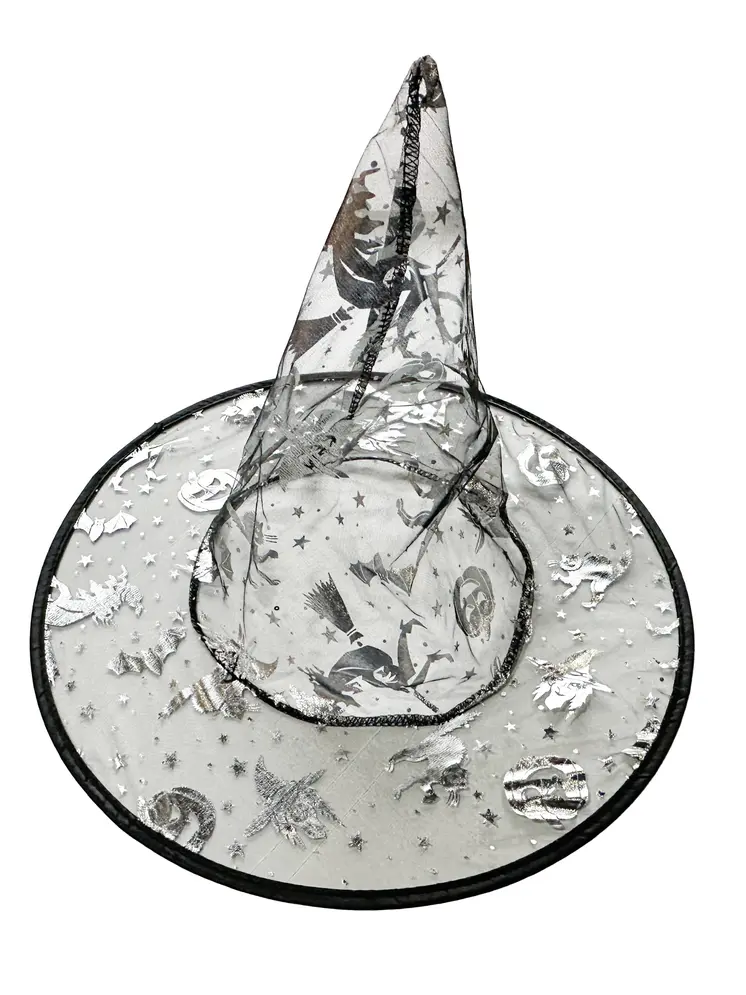 Black Witch Hat with Silver Halloween Prints