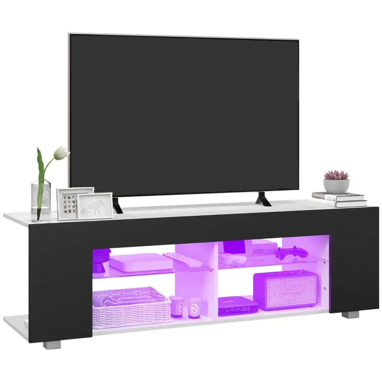 Modern TV Stand, 145cm TV Unit with Glass Shelves, RGB LED Light for 32 40 43 50 52 55 60 inch 4k TV, Black | HOMCOM