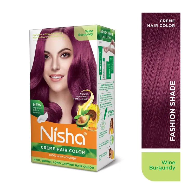 Nisha Creme Hair Color for Women and Men - Wine Burgundy, 120gm, Long-lasting, 100% Grey Coverage Permanent Hair Colour