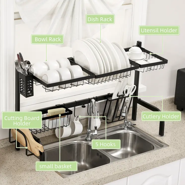 Space Saving 2 Tier Adjustable Dish Drainer Over The Sink Dish Drying Rack, Black | HOMCOM
