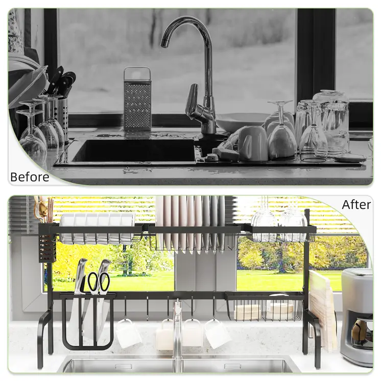 Space Saving 2 Tier Adjustable Dish Drainer Over The Sink Dish Drying Rack, Black | HOMCOM