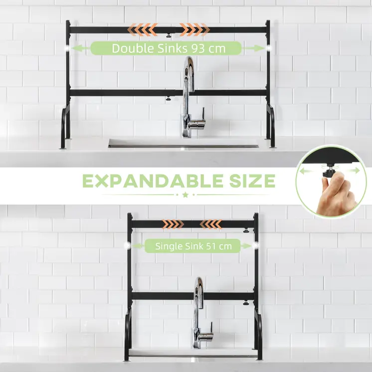 Space Saving 2 Tier Adjustable Dish Drainer Over The Sink Dish Drying Rack, Black | HOMCOM