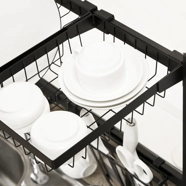 Space Saving 2 Tier Adjustable Dish Drainer Over The Sink Dish Drying Rack, Black | HOMCOM